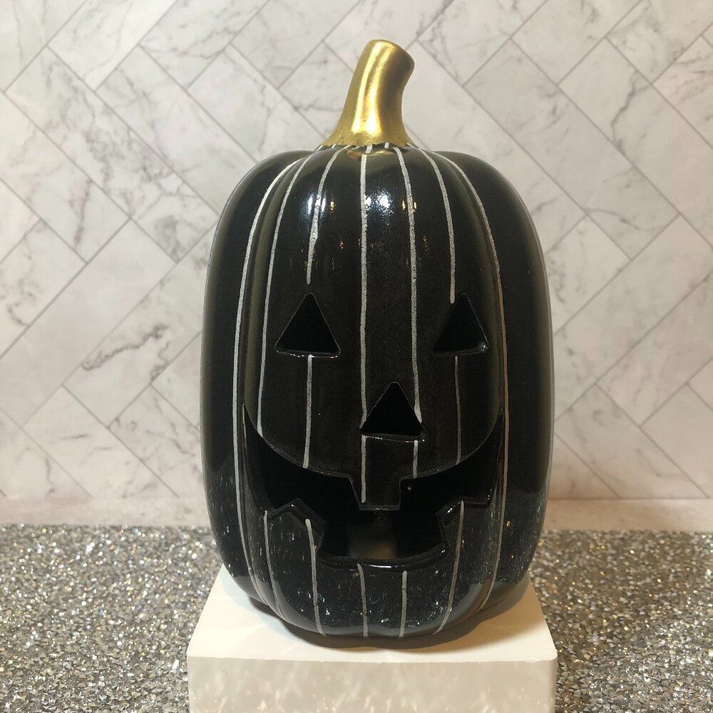 Target Bullseye Light-Up Ceramic Pumpkin – Black with White Stripes